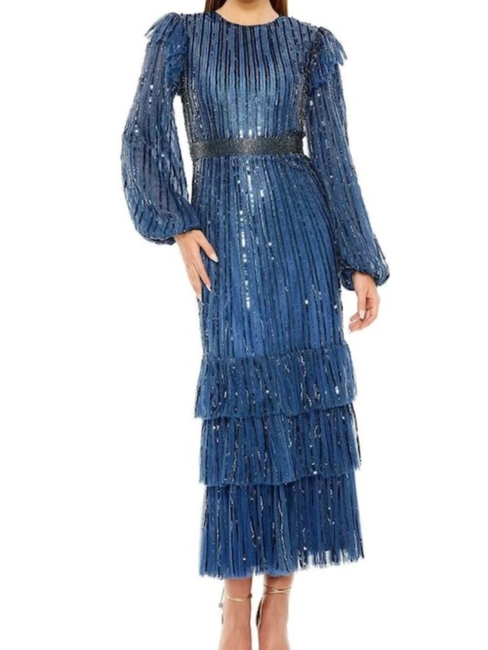 Mac Duggal Midnight Blue Embellished Long Sleeve Ruffle Midi Dress